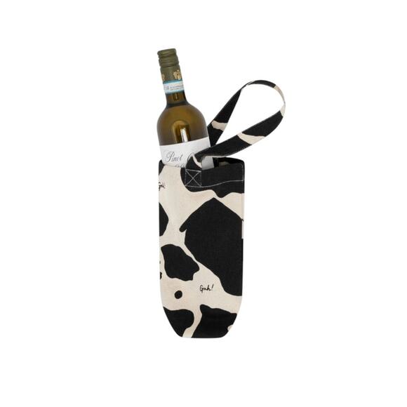 NWT Lisa Says Gah Black and Ivory Cow Print Canvas Wine Tote - Picture 1 of 4